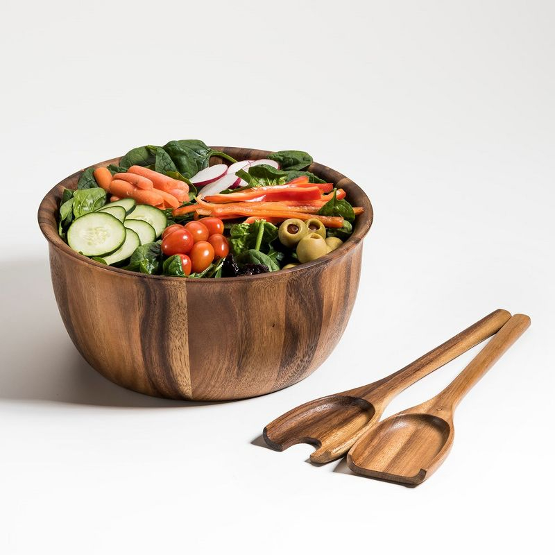 Kalmar Home Solid Acacia Wood Large Salad Bowl with Servers