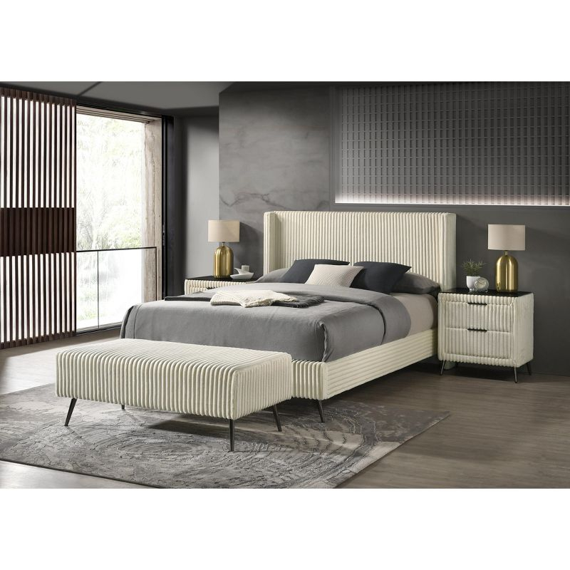 Roundhill Furniture Mavela Wide-wale Corduroy Upholstery Panel Bed with 2 Nightstands and Bench Cream Queen