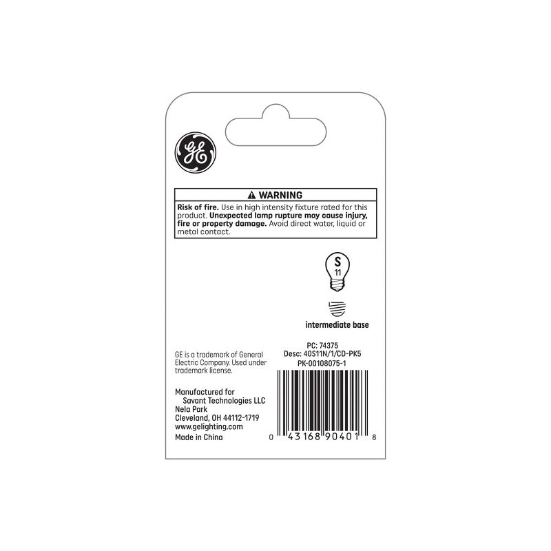 GE 40W High Intensity S11 Incandescent Light Bulb Soft White: Dimmable, 440 Lumens, E17 Base, 2500K, Appliance Use
