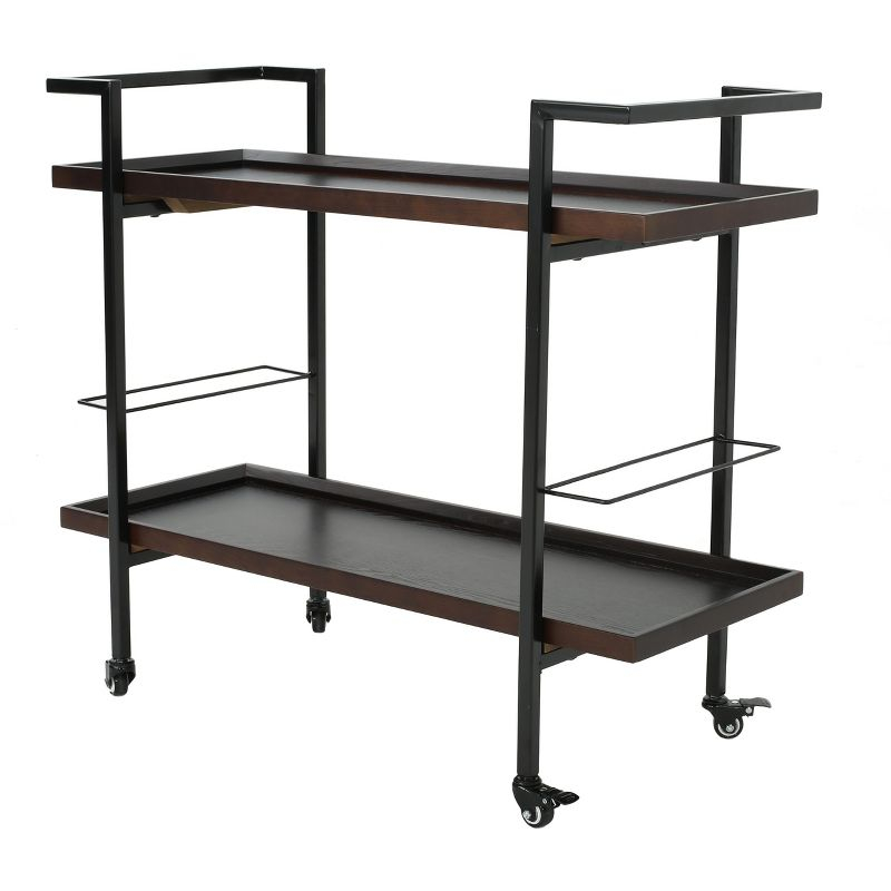 GDFStudio Harrison Industrial Faux Wood and Iron Bar Cart with Wheels, Dark Walnut