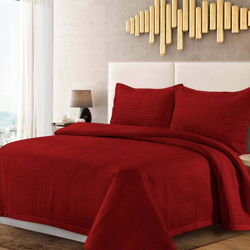King Naples Microfiber Quilt Set Deep Red - Tribeca Living: Includes 2 King Shams, Box Quilting Design