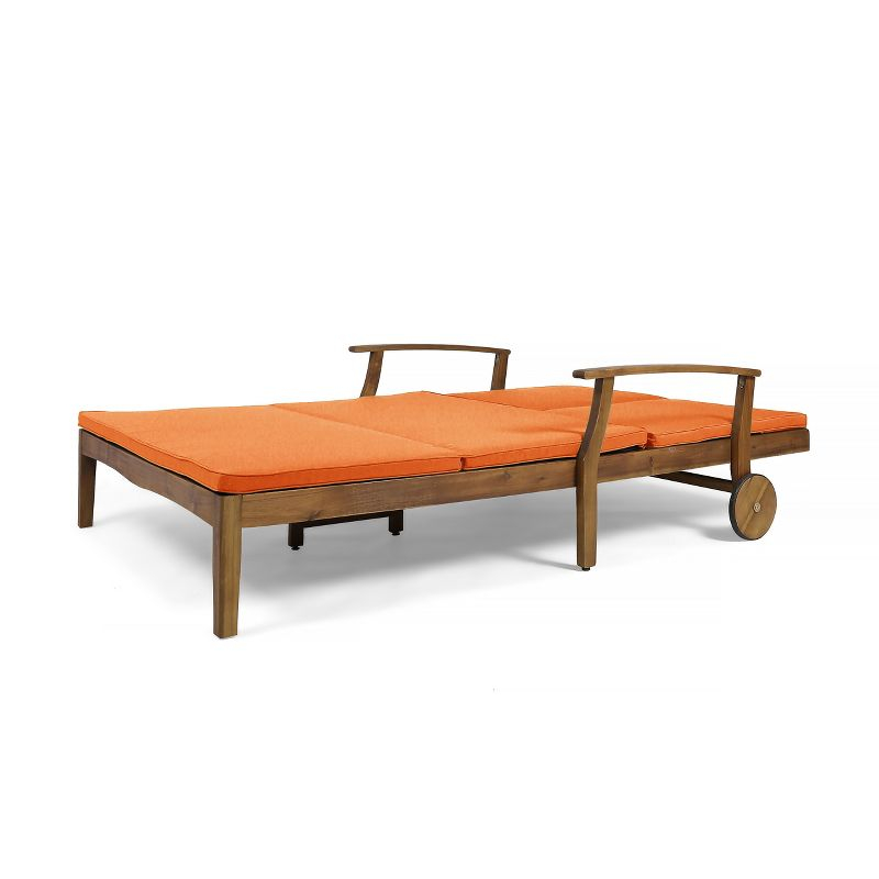 GDFStudio Abena Outdoor Acacia Wood Double Adjustable Chaise Lounge with Cushions, Teak/Orange