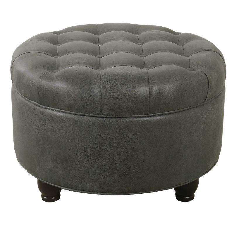 Large Tufted Round Storage Ottoman Faux Leather Gray - HomePop: Modern Upholstered Bench with Hardwood Frame