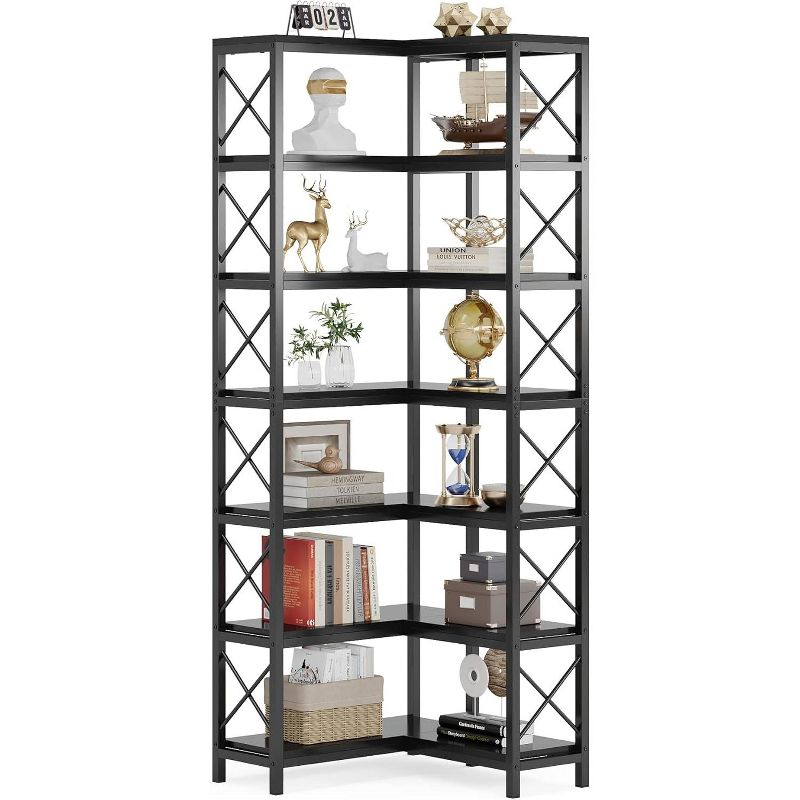Tribesigns 7-Tier L-Shaped Bookshelf, Modern Corner Book Display Shelving Unit Black