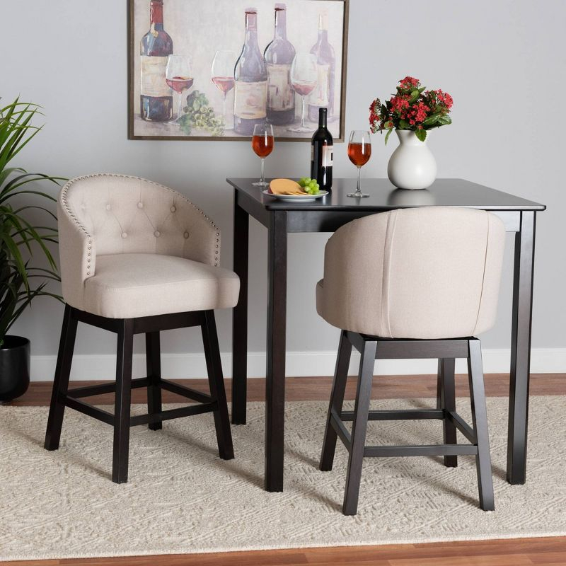 2pc Theron Fabric and Wood Swivel Counter Height Barstools Set Beige/Espresso Brown - Baxton Studio: Upholstered, Rubberwood Frame, Fixed Height