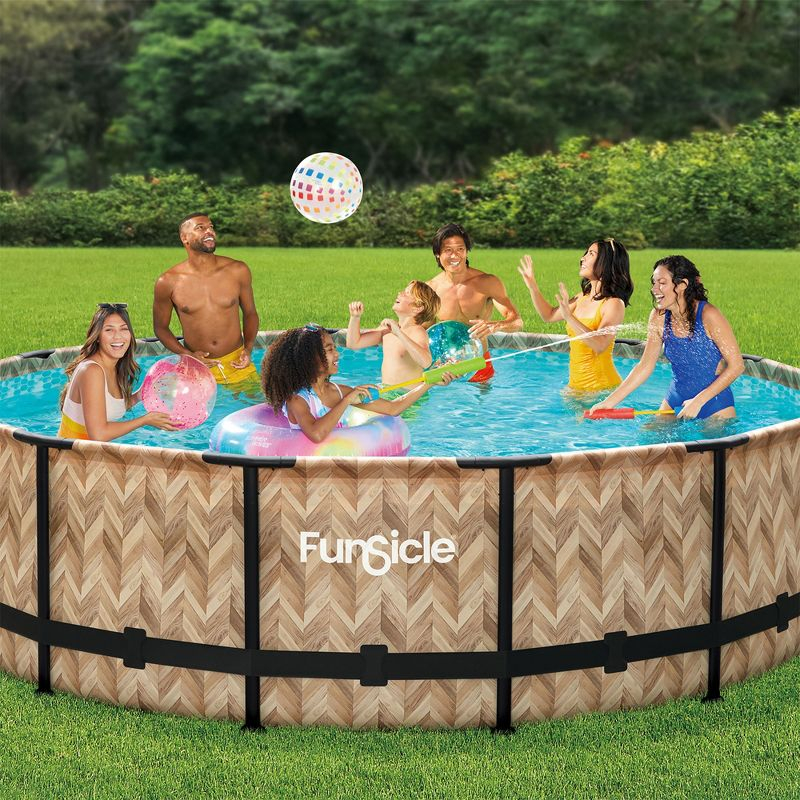 Funsicle 14' x 42" Oasis Designer Round Frame Outdoor Above Ground Swimming Pool Set with SkimmerPlus Filter Pump and Pool Cover, Oak Herringbone