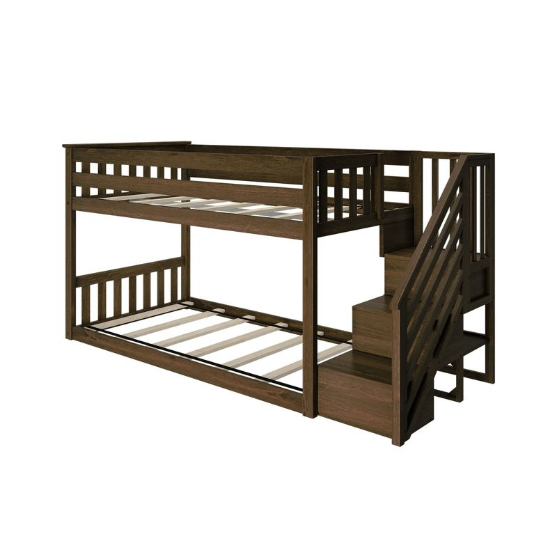 Max & Lily Solid Wood Twin over Twin Low Bunk Bed for Kids with Staircase, Walnut