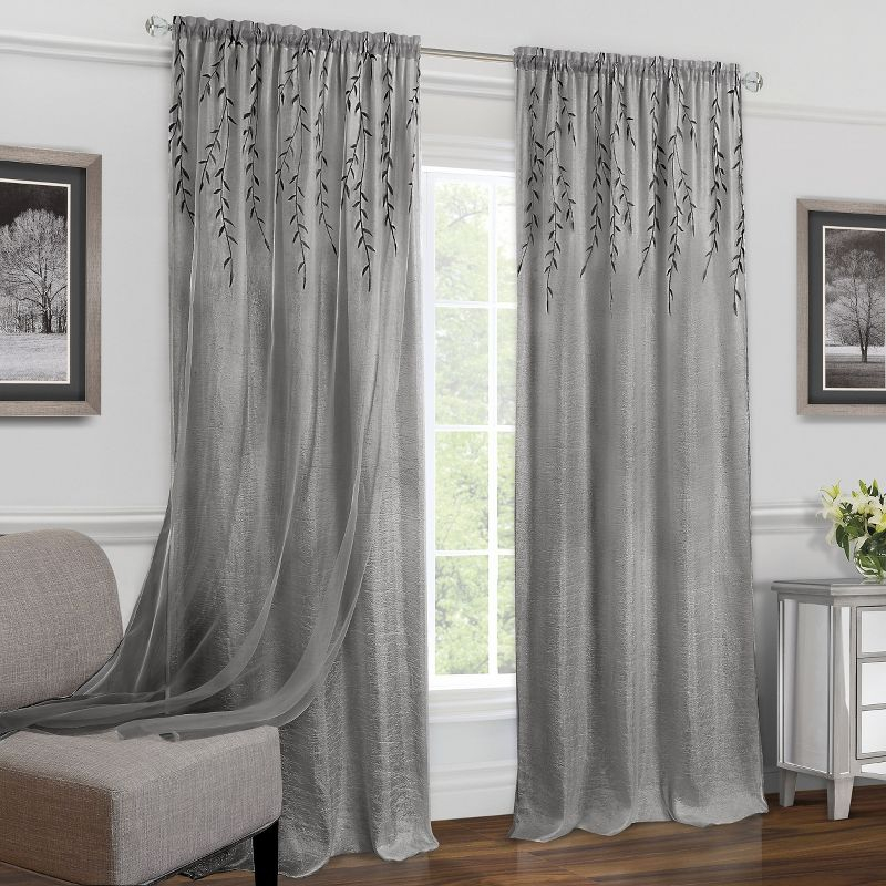 Kate Aurora Traditional Home 2 Pack Double Layered Embroidered Floral Sheer Curtains - 84 in. Long - Gray
