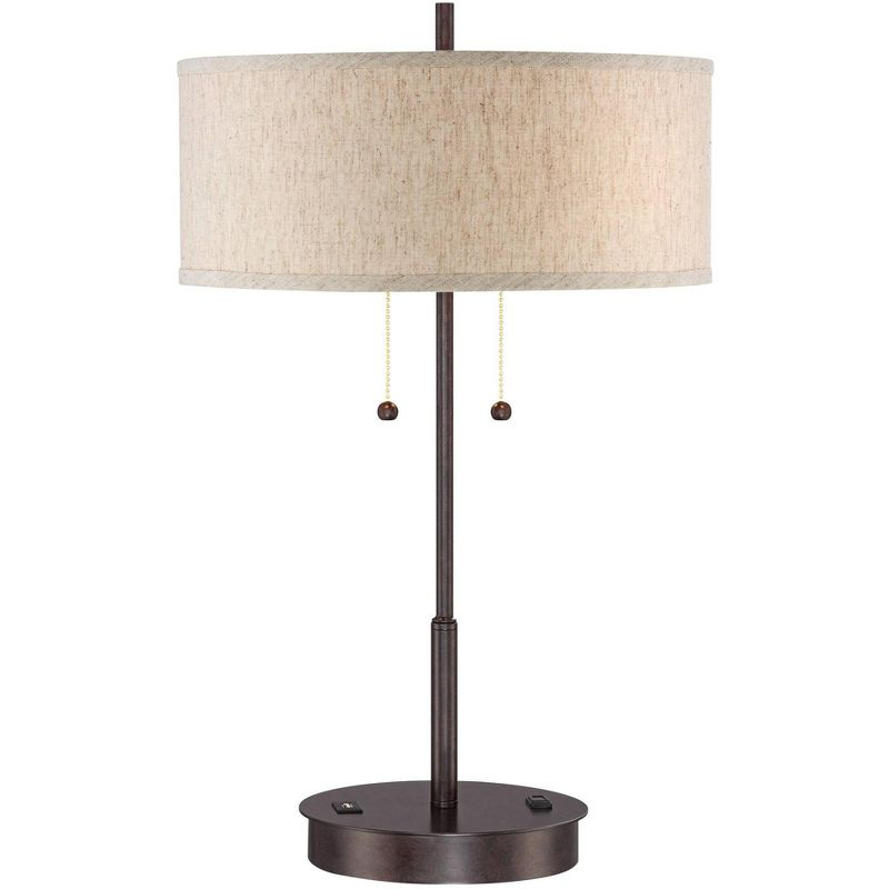 360 Lighting Modern Accent Table Lamp with USB and AC Power Outlet 23 1/2" High Bronze Fabric Drum Shade for Bedroom Living Room House Desk Bedside