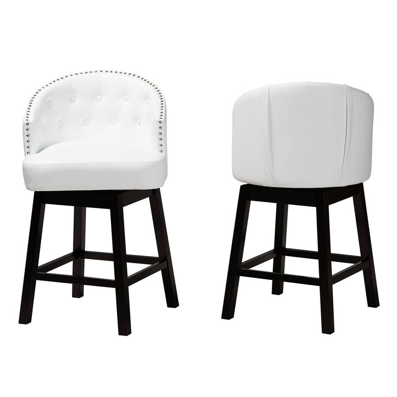 2pc Theron Faux Leather and Wood Swivel Counter Height Barstools Set White/Espresso Brown - Baxton Studio: Rubberwood Frame, 27" Fixed Height