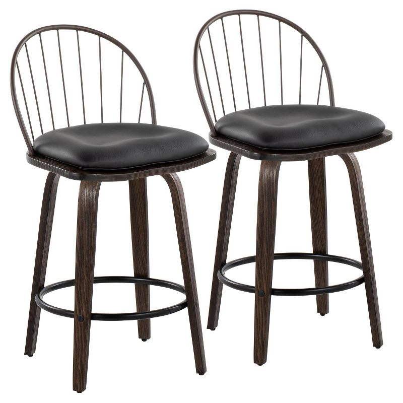 Set of 2 Riley Counter Height Barstools Walnut/Brown: Farmhouse Style, Swivel, Faux Leather - LumiSource