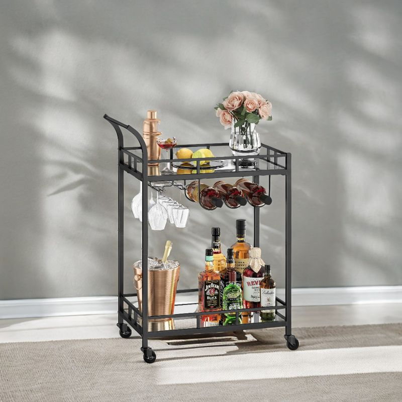 Bar Cart Black, Home Bar Serving Cart, Wine Cart With 2 Mirrored Shelves, Wine Holders, Glass Holders, For Kitchen, Dining Room