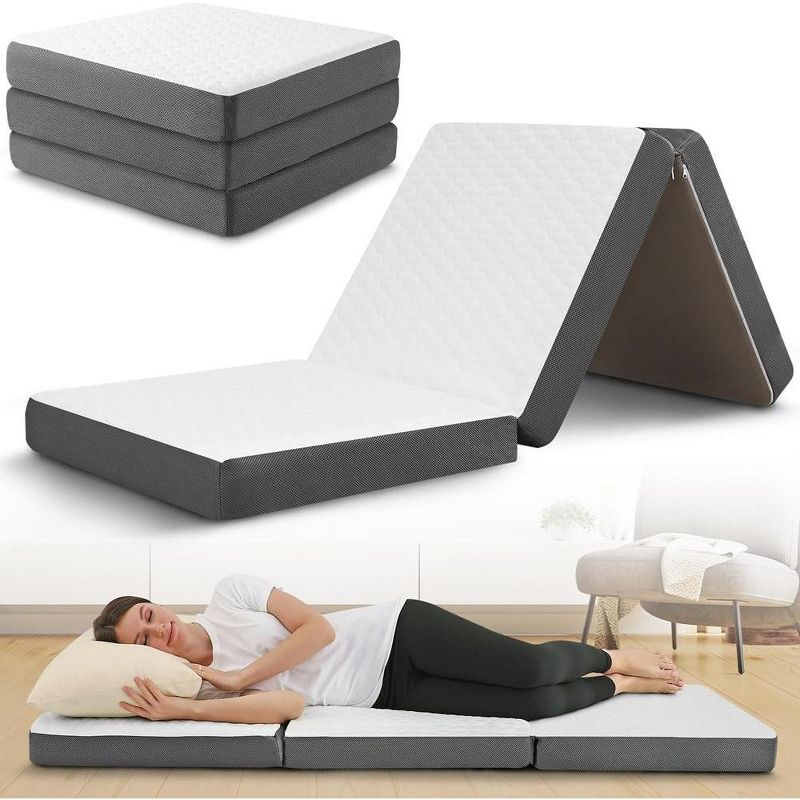 Contour Comfort Queen 4 Inch Thick Portable Tri Folding Mattress with Memory Foam Layer with Washable Cover | Non-Slip Bottom Perfect Guest Bed-White