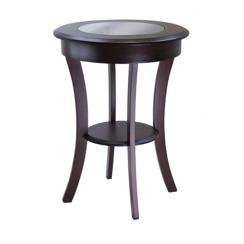 Cassie Round Accent Table with Glass - Cappuccino - Winsome: Flared Legs, Wood Composite Shelf, 27" Height