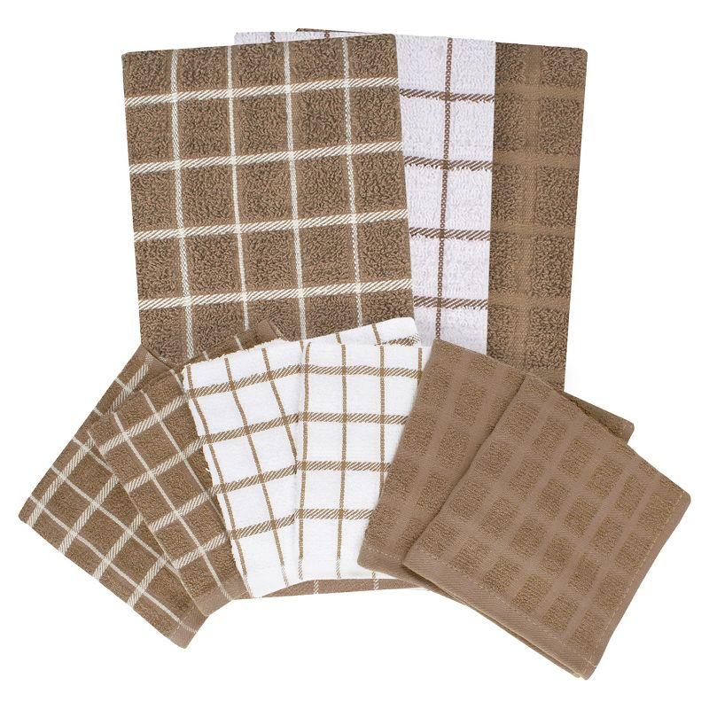 John Ritzenthaler Co. Ritz 3-Pack Terry Check Kitchen Towel Set and 6-Pack Terry Check Dish Cloth Set, Mocha