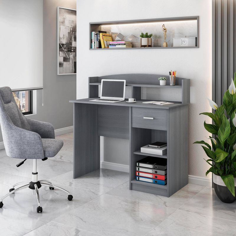 Modern Office Desk with Hutch Gray - Techni Mobili: Laminated Particle Board, Storage Hutch