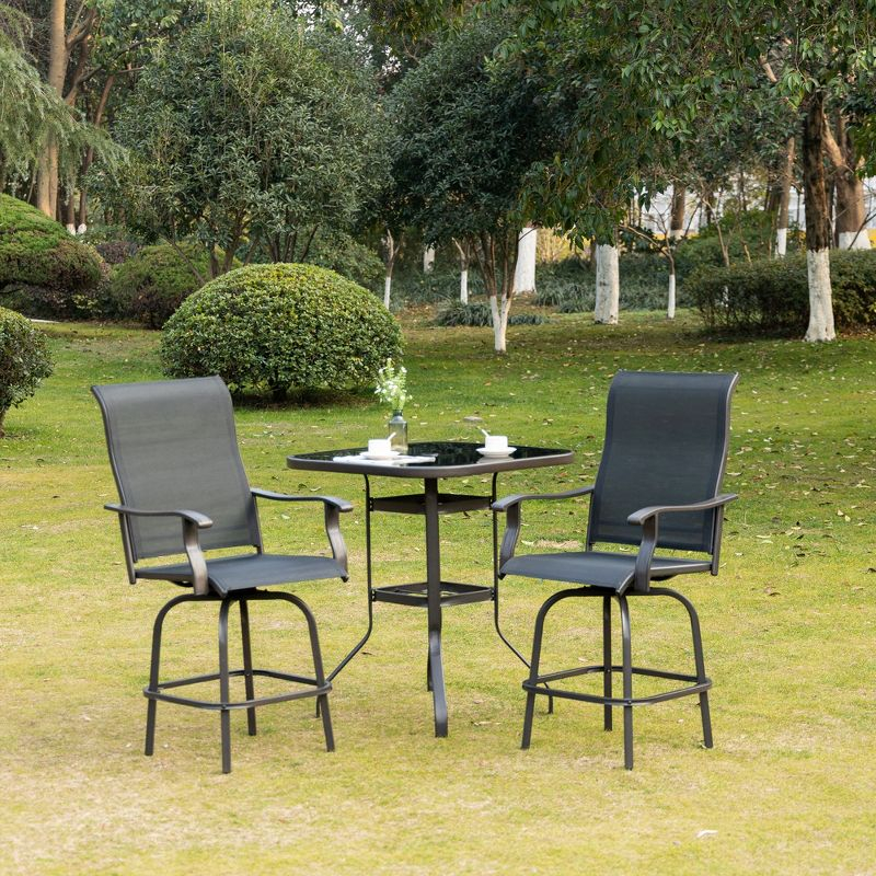 Outsunny Set of 2 Outdoor Swivel Bar Stools with Armrests, Bar Height Patio Chairs with Steel Frame for Balcony, Poolside, Backyard, Black
