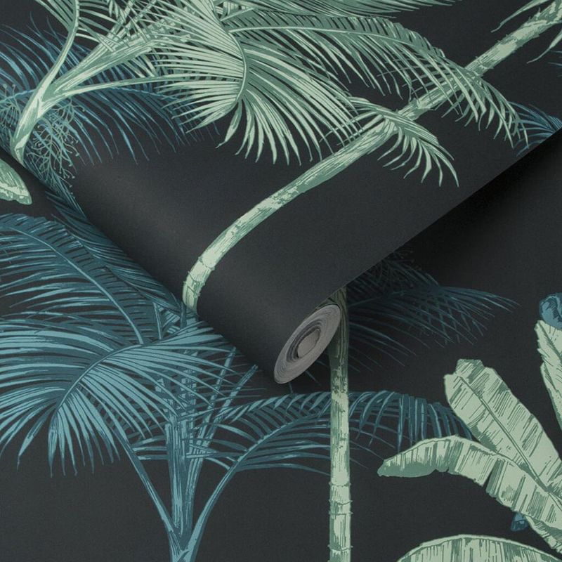 Jungle Mood Green and Black Leaves Tropical Paste the Wall Wallpaper