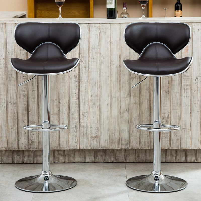 Roundhill Furniture Masaccio Cushioned Leatherette Upholstery Airlift Adjustable Swivel Barstool with Chrome Base, Brown, Set of 2