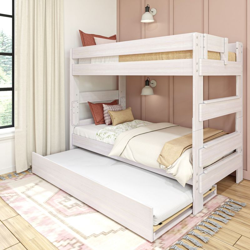 Max & Lily Solid Wood Modern Farmhouse Twin over Twin Bunk Bed with Trundle, White Wash