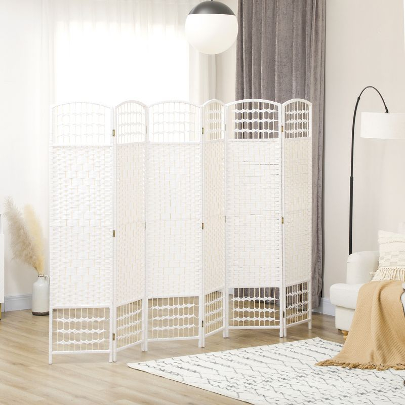 HOMCOM 6 Panel Room Divider Folding Privacy Screen, 5.6' Room Separator, Wave Fiber Freestanding Partition Wall Divider for Rooms, White