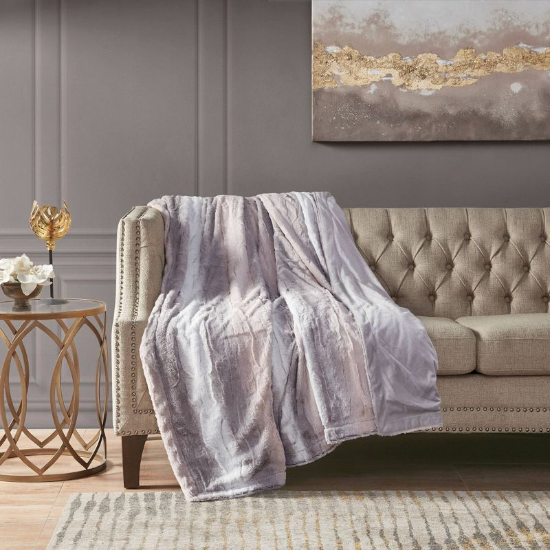 60"x70" Oversized Marselle Faux Fur Throw Blanket Blush/Gray - Madison Park