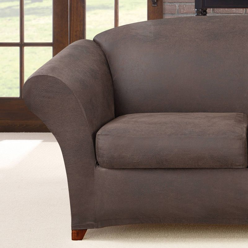 2pc Ultimate Stretch Leather Chair Slipcovers Slate - Sure Fit: Box Cushion Compatible, Machine Washable