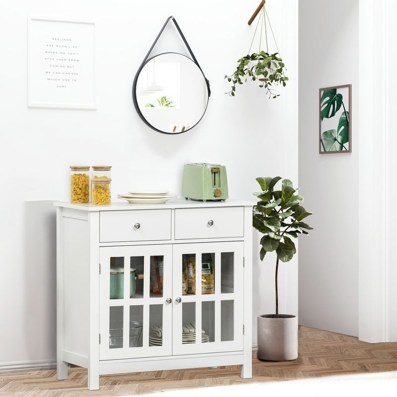 HOMCOM Sideboard Buffet Cabinet, Storage Cupboard with Glass Doors, Adjustable Shelf and 2 Drawers for Kitchen, White