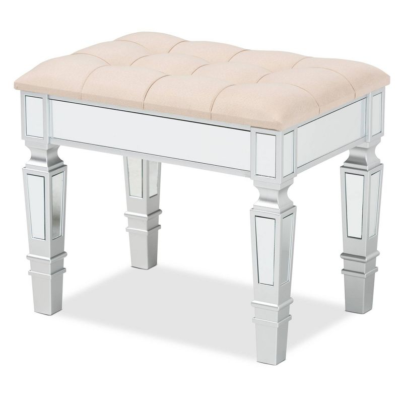 Baxton Studio Hedia Fabric Upholstered and Wood Ottoman Beige/Silver : Rectangular Footstool, Entryway Seating