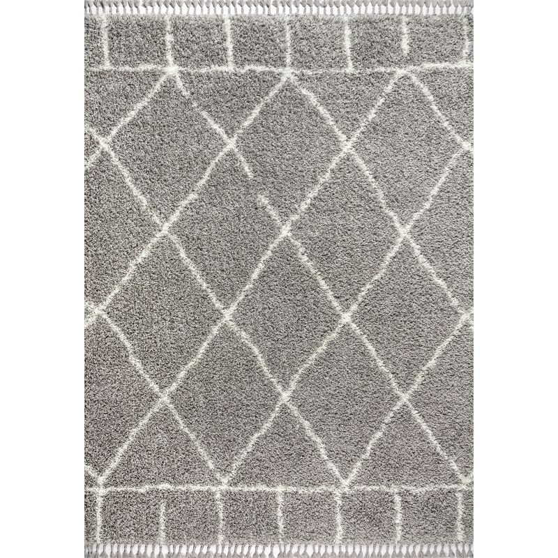 5'x8' Mercer Shag Plush Tassel Moroccan Geometric Trellis Area Rug, Grey/Cream - JONATHAN Y