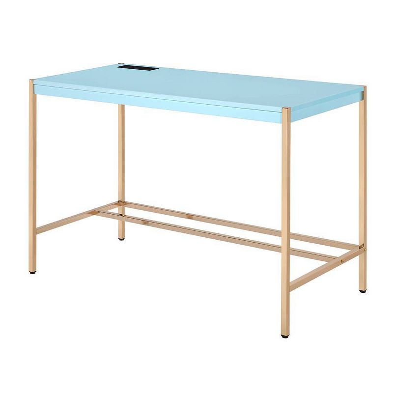 42" Midriaks Writing Desk Baby Blue/Gold Finish - Acme Furniture: Chic Office Furniture with USB Ports