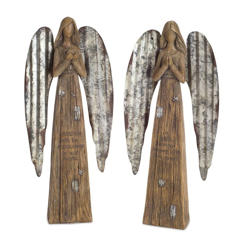 Rustic Wood Sentiment Angel with Galvanized Metal Wings (Set of 2)