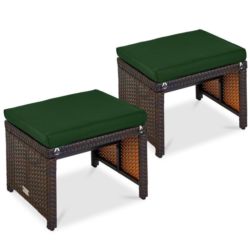 Dovecove Set Of 2 Multipurpose Patio Wicker Ottomans W/ Removable Cushions - Midnight Green/Brown