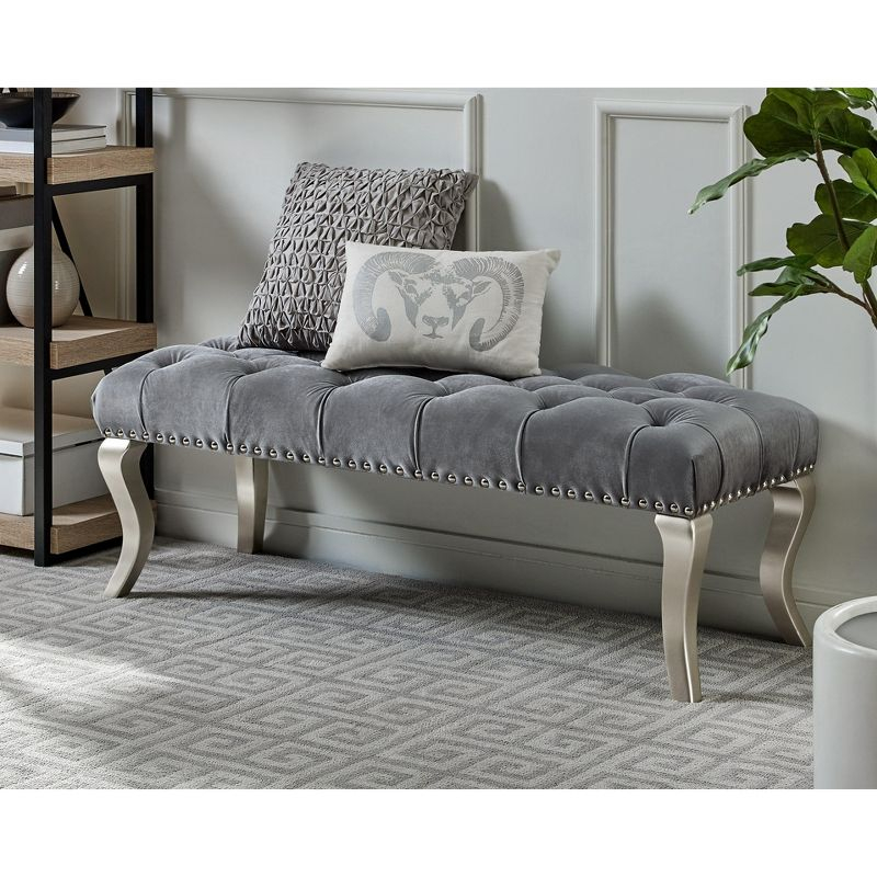 Roundhill Furniture Decor Maxem Tufted Fabric Upholstered Seat with Nailhead Trim Bench, Gray