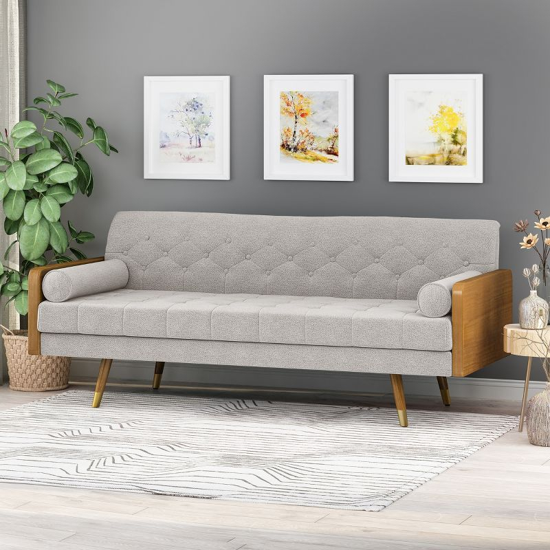 GDFStudio Aidan Mid Century Modern 72.25" Tufted Upholstered 3 Seater Sofa，Beige/Dark Walnut/Gold
