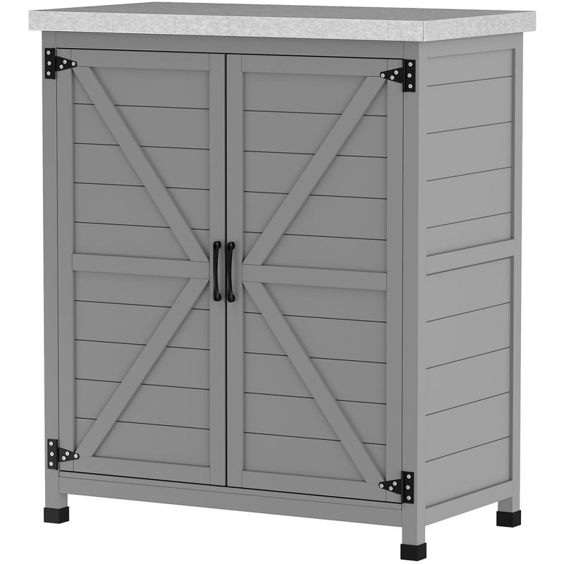 Outsunny Wooden Storage Cabinet, Outdoor Prep Station with Metal Tabletop and Shelf, Patio Storage Cabinet with Double Doors, Gray