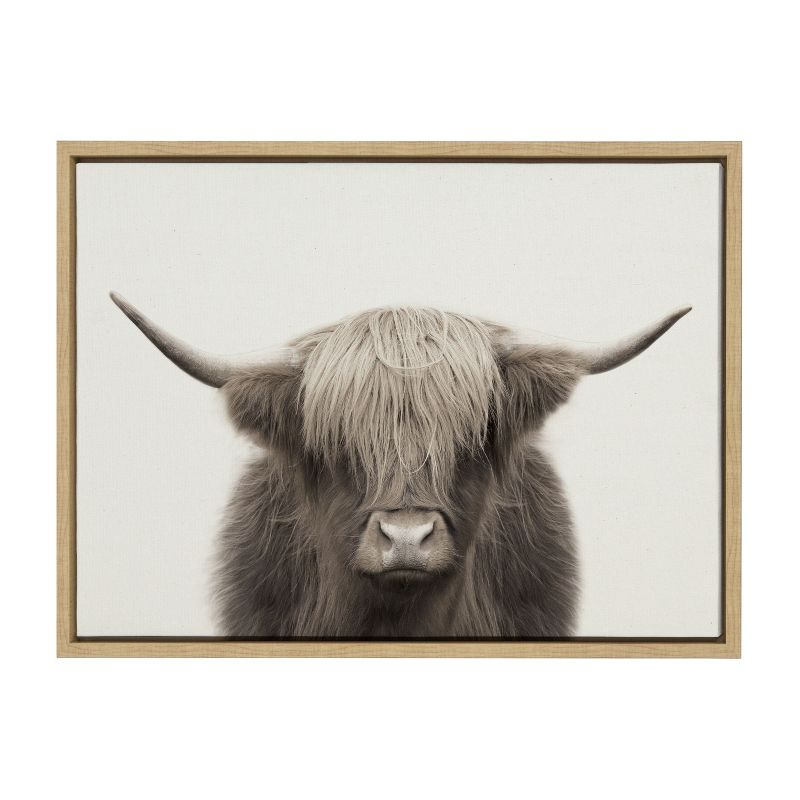 Kate and Laurel Sylvie Hey Dude Highland Cow Color Framed Canvas by The Creative Bunch Studio, 18x24, Natural