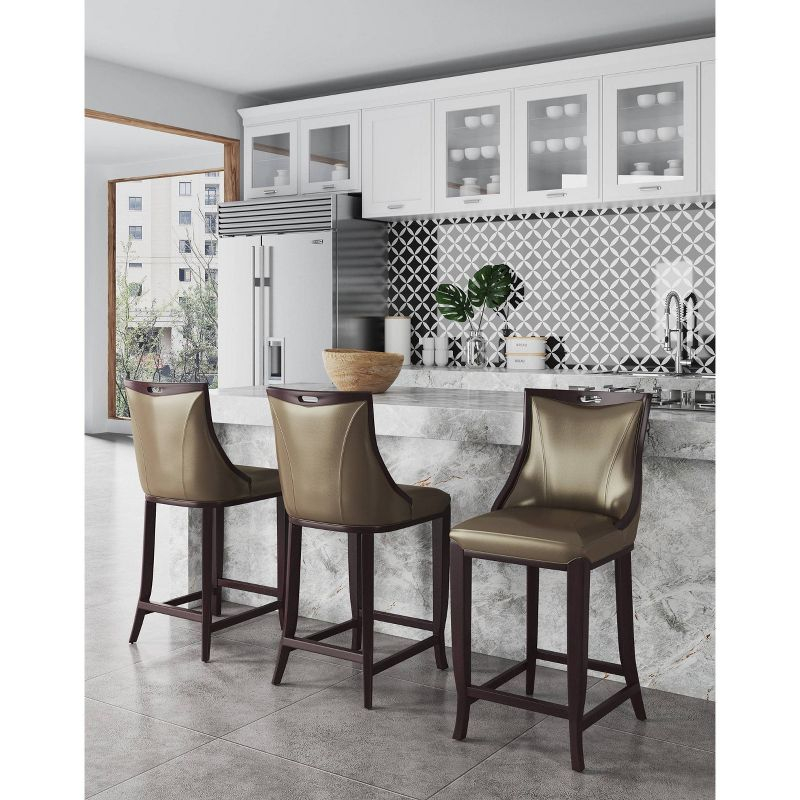 Manhattan Comfort Set of 3 Emperor Upholstered Beech Wood Faux Leather Barstools Bronze: Fixed Height, Attached Cushions, Footrest