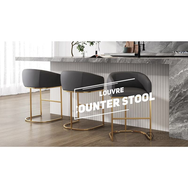 Manhattan Comfort Set of 3 Louvre Upholstered Stainless Steel Counter Height Barstools Cream: Faux Leather, Armrests, Footrest