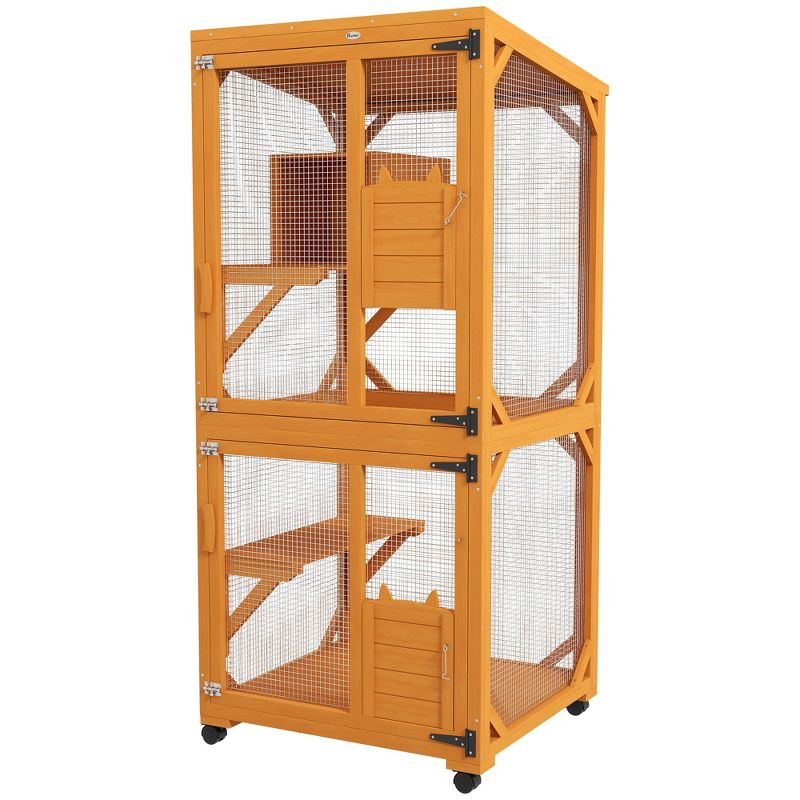 PawHut Catio Outdoor, Large Cat Enclosure, Wooden Kitten House, Elevated Design, with Wheels, Water-Resistant, Multi Platforms, for 1-3 Cats, Orange