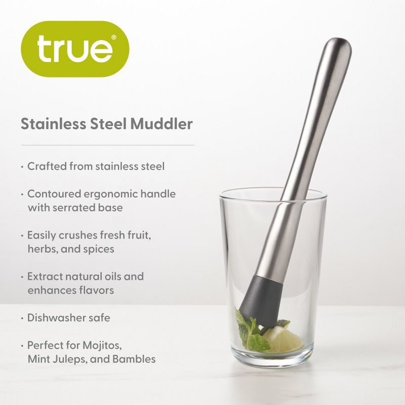 True Bar Muddler for Cocktails - Cocktail Muddler Stainless Steel with Textured Plastic Base - Dishwasher Safe, 10 Inches Set of 1