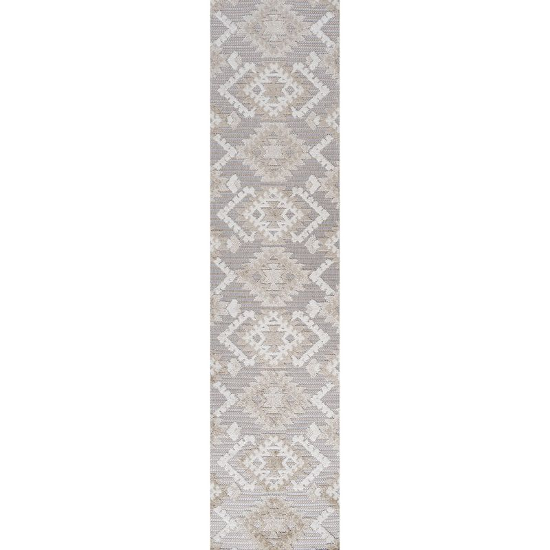 2'x10' Sumak High-Low Pile Neutral Diamond Kilim Indoor/Outdoor Runner Rug, Beige/Gray - JONATHAN Y