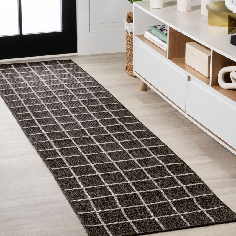 2' x 8' Grid Modern Squares Indoor/Outdoor Runner Rug, Black/Cream - JONATHAN Y