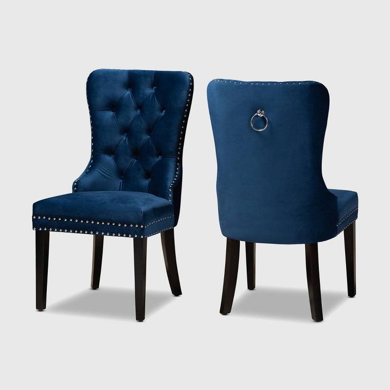 2pc Remy Velvet Upholstered Wood Dining Chair Set Blue/Espresso - Baxton Studio: Oak Frame, Soft Touch