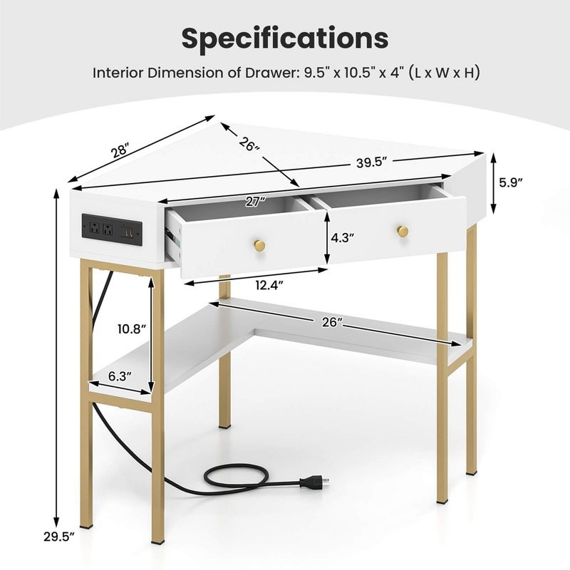 Costway Corner Desk with Built-in Charging Station Storage Drawers & Open Shelves Office White