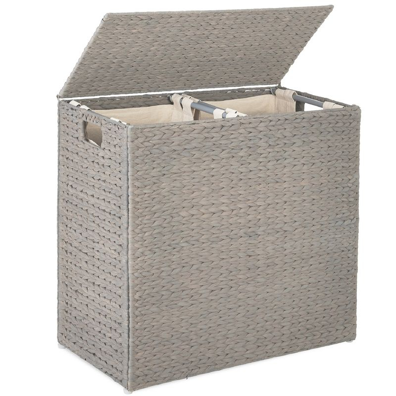 Best Choice Products Large Natural Water Hyacinth Double Laundry Hamper Basket w/ 2 Liner Bags, Handles - Gray