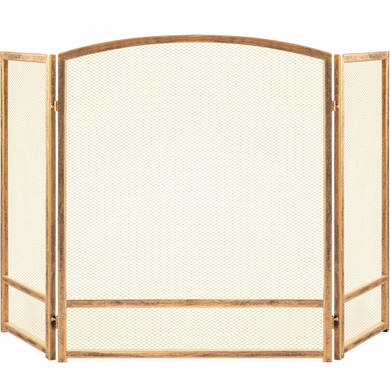 Best Choice Products 47.5x27.25in 3-Panel Steel Mesh Fireplace Screen, Spark Guard w/ Rustic Worn Finish - Antique Gold