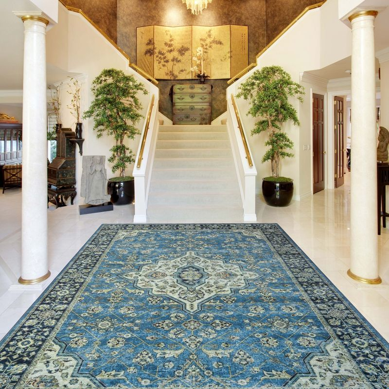 Vintage Distressed Floral Border Traditional Machine Washable Indoor Area Rug, 4' x 6', Blue - Blue Nile Mills