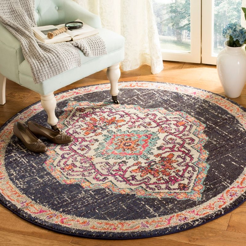 Monaco MNC254 Power Loomed Indoor Area Rug - Black/Blue - 5' Round - Safavieh.