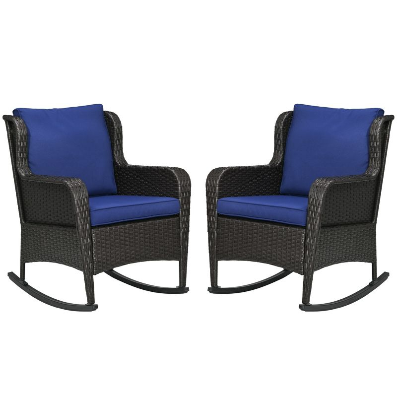 Outsunny 2 Piece Patio Wicker Rocking Chairs, Outdoor PE Rattan Swing Chairs w/ Soft Cushions for Garden, Patio, Lawn, Dark Blue